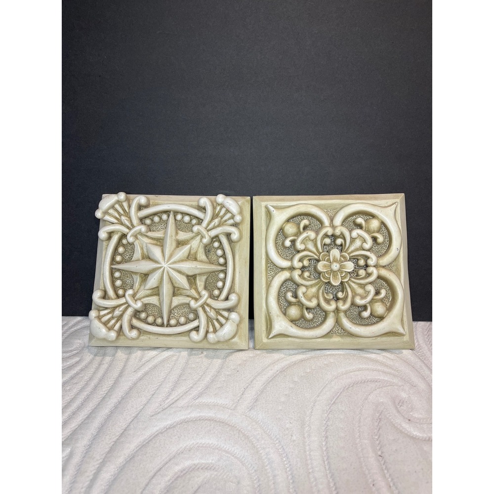 Garden Gate Designs Set of 2 Cream Architectural Relief Star Floral Wall Plaques